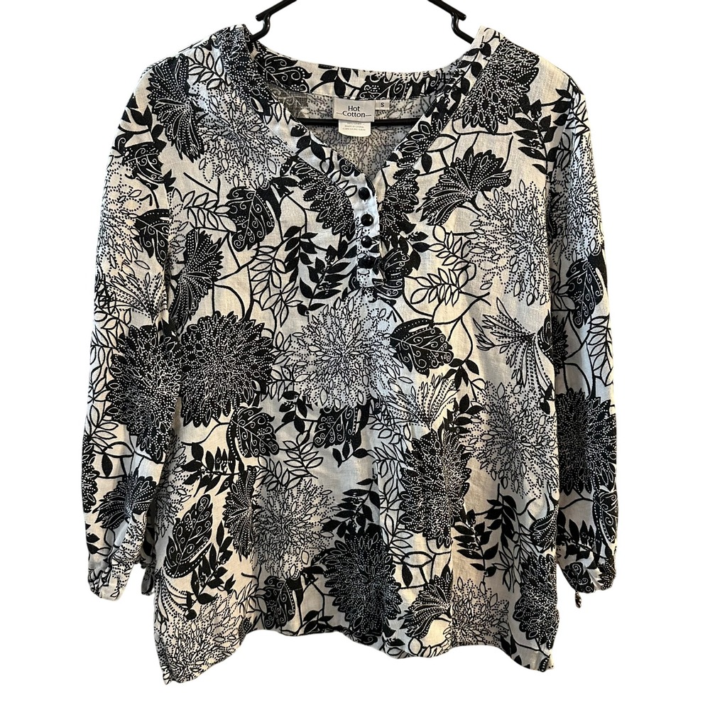 Hot Cotton Women's Black White Floral Linen Tunic Top V Neck Long‎ Sleeve Small